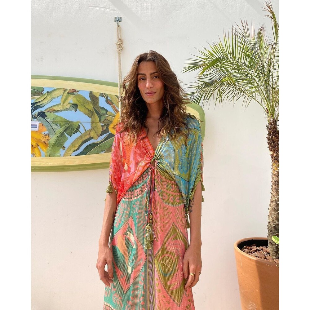 FARM Rio Multicolor Patchwork Midi Dress in Teal, Coral & Mustard - Picture 3 of 8